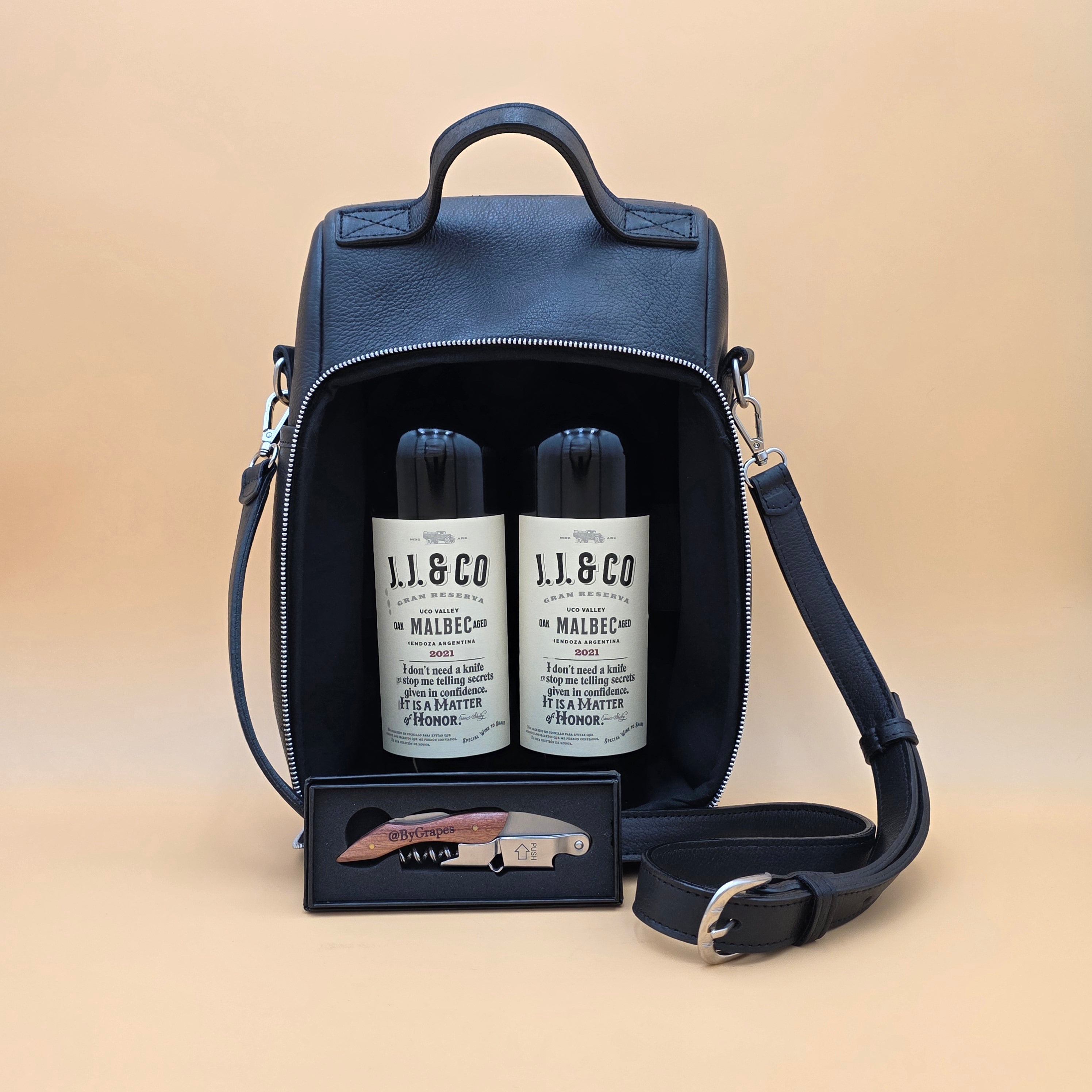 Handcrafted Leather Wine Bottle Carrier with 2 Wine Bottles